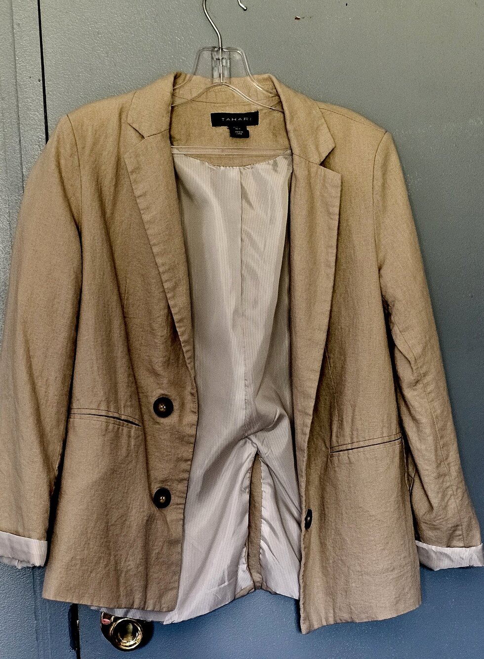 Tahari Linen Blend Blazer Tan Pinstripe Lined Size S
